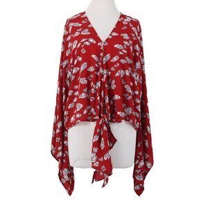 Cake Top Sz S Red Gray White Animal Print V Neck Asymm 100% Polyester Top